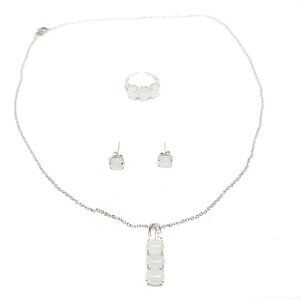 Natural Jade earrings, ring & necklace set in Rhodium/925SS w/Stainless 20 chain